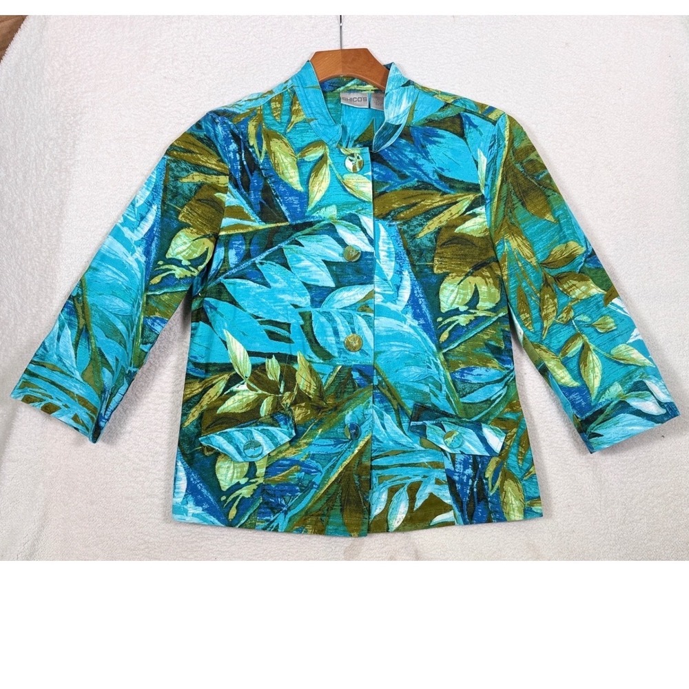 Chicos 2 L Tropical Leaf Button Jacket Lightweight Mandarin Collar 3/4 Sleeve